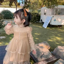 Новое поступление, осенне-зимнее кружевное платье с длинными рукавами для девочек детское платье принцессы с вуалью теплое флисовое платье