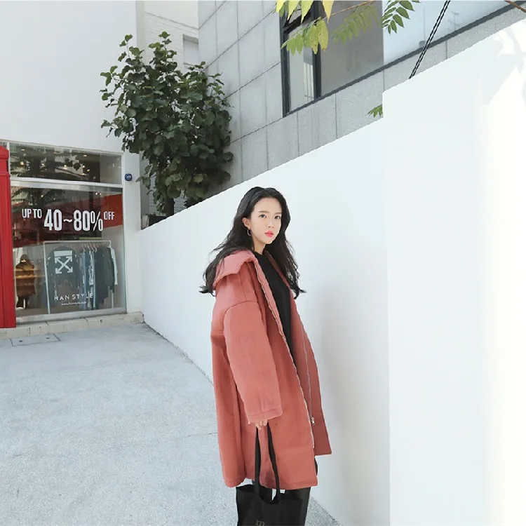 Южная Корея Dongdaemun осень и зима с капюшоном Дафлкот пальто женское выше колена с разрезом повседневное Свободное длинное пальто Тренч пальто La