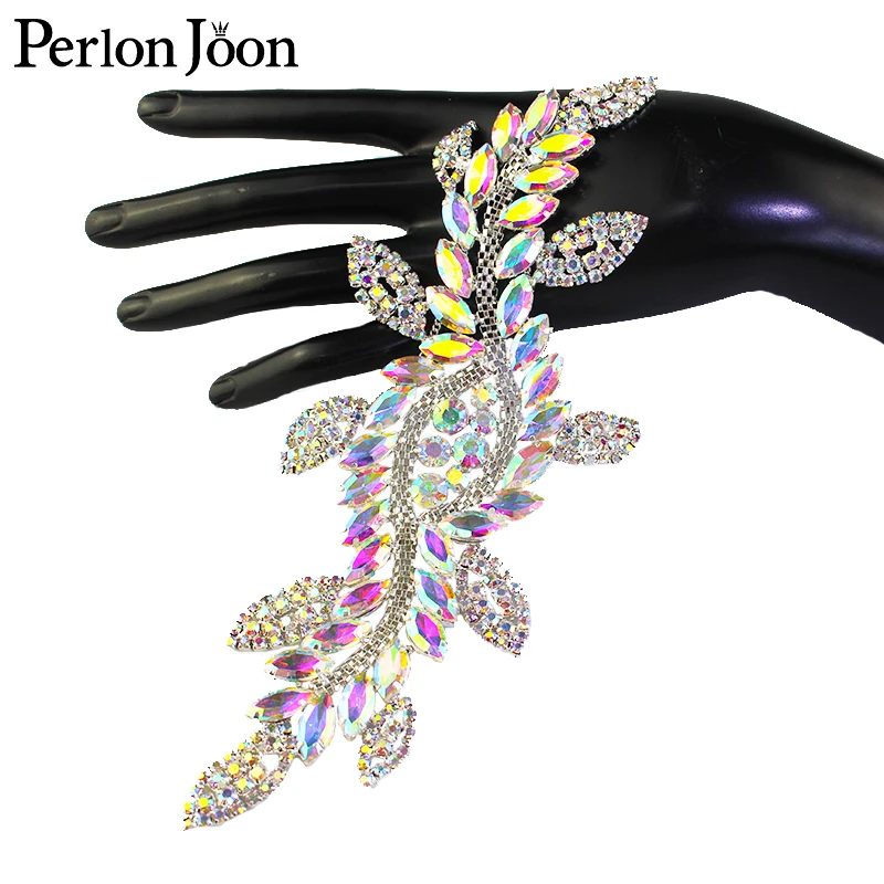 1 Stück AB Farbe Kristall Blatt langer Patch AB Strass Glas Schweißen Blume Silber Aufkleber für Hochzeit Stiefel dekorative Accessoires – Detail 6