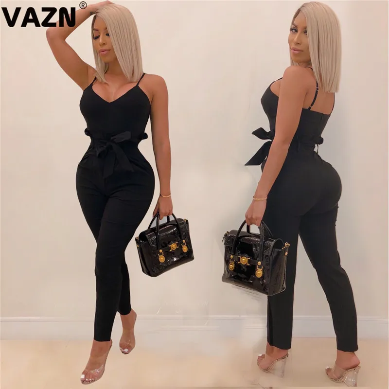 VAZN GDAN18121 new fashion women black solid jumpsuit sleeveless long pant jumpjsuits v-neck sexy club bandage wind rompers