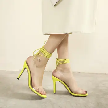 

Sianie Tianie 2020 PVC clear transparent neon bright yellow women's high heels summer shoes ankle strap woman sandals size 49 50