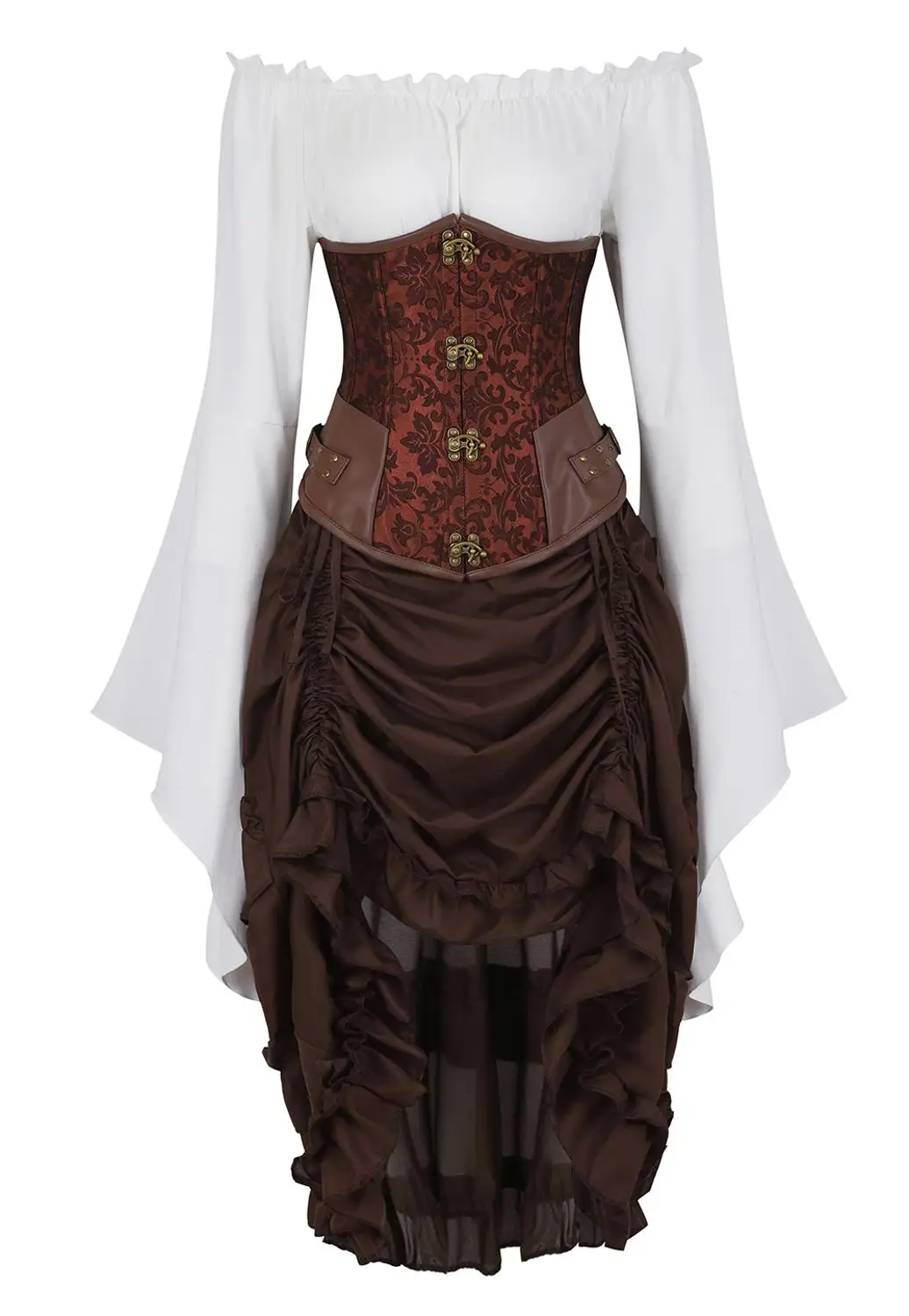

Grebrafan Steampunk Waist Cincher Corset Bustiers with Pirate Skirt and Blouse 3 Piece Carnival Dance Party Costume