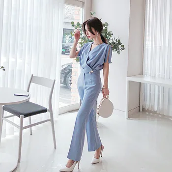 

2020 Summer Two Piece Set for Woman Modis Streetwear Sheer Blouse and Slim Pants Ladies OL Office Work 2 Piece Set Plus Size