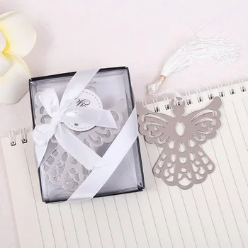 

50PCS Party Favor Angel Silver Metal Bookmark Boxed for Baptism Baby Bridal Shower Christening Wedding Favours Baby Souvenirs