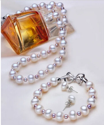 hot sell new- 00663 Sets AAA 6-7mm White+3mm purple freshwater Genuine Pearl necklace bracelet earring set