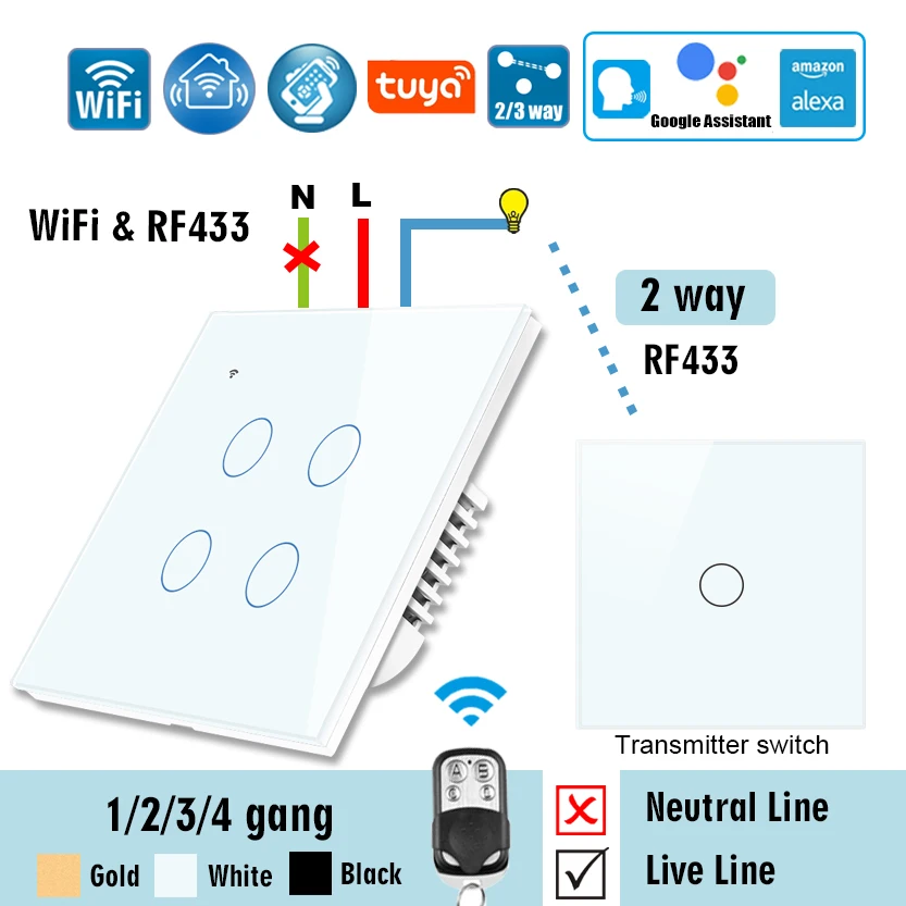 WiFi RF433 Smart Touch Switch 2-Way RF433 Wall Panel Transmitter, Wireless APP Control Light Switch Works with Alexa Googlehome afbeelding