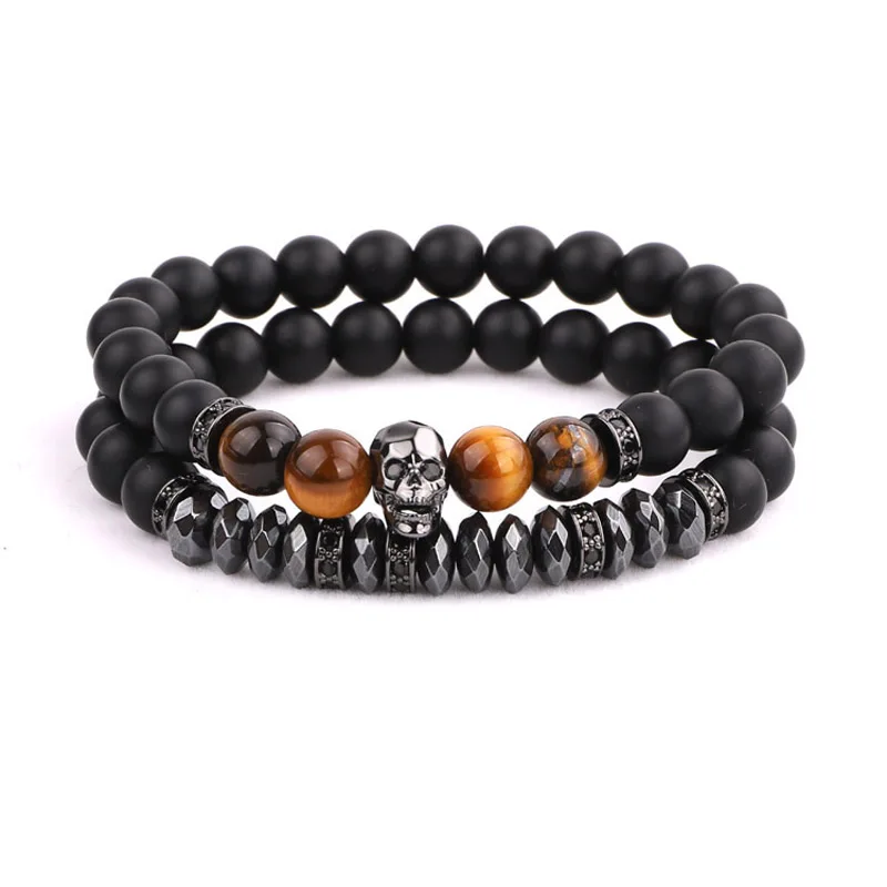 Jewelry factory selling fashion design matte onyx tiger eye CZ skull charm beaded bracelet men jewelry
