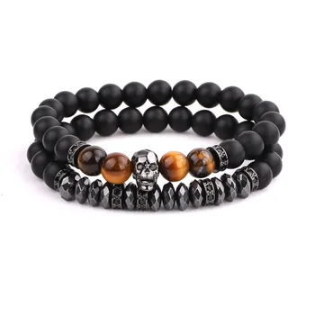 Jewelry factory selling fashion design matte onyx tiger eye CZ skull charm beaded bracelet men jewelry