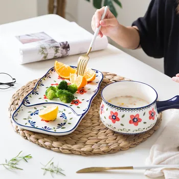 

Ceramic Plate Bowl Set Creative Flower Fruit Bread Dessert Saucer Tray Breakfast Milk Bowl Dinner Plate Chic Tableware Gift