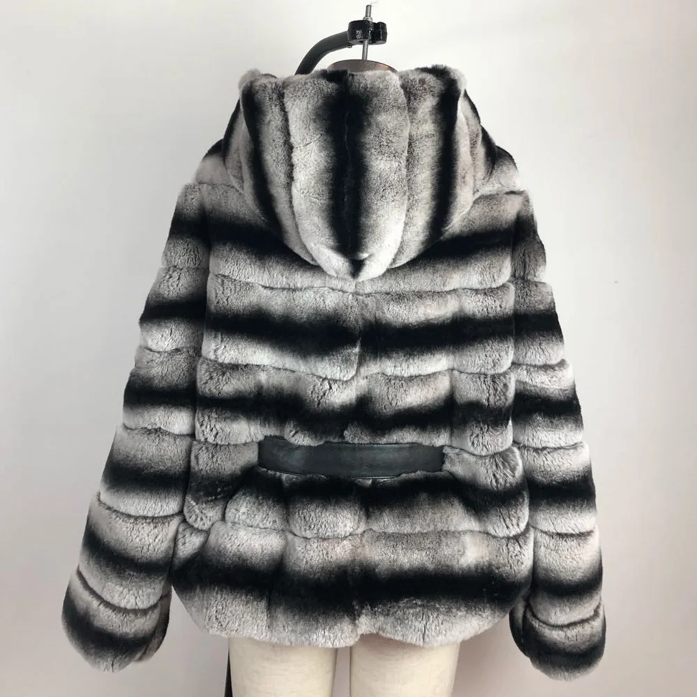 Новая женская кожаная Рекс шиншилла кроличий мех пальто с мехом капюшоном