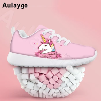 

Aulaygo Pink Ribbon With Unicorn Pattern Children's Flat Shoes Girls Sneakers Sport Soft Outdoor Fashion Mesh Custom Footwear