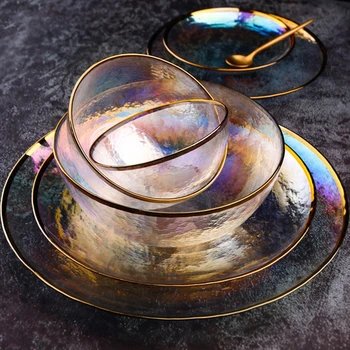 

Creative Japanese-style rainbow ion hammered glass plate set Western fruit salad bowl YHJ022701