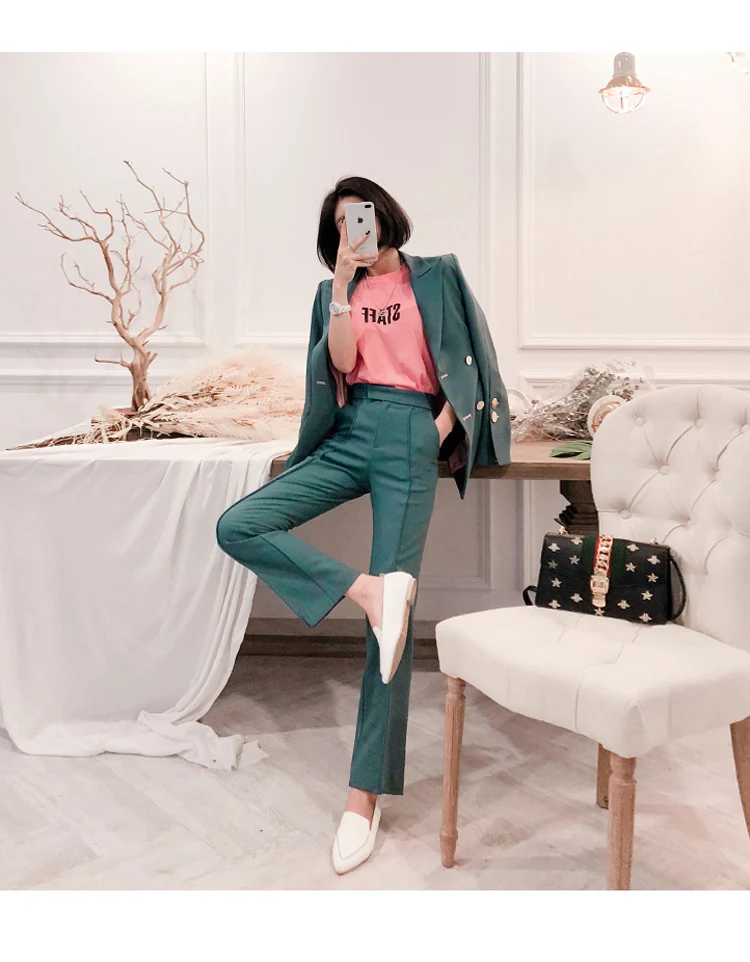 H Han queen двубортные приталенные костюмы куртки и тонкие длинные брюки женские 2019 новая OL Деловая одежда 2 шт. комплект офисный тонкий