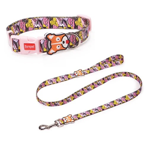 Collar set Ошейники для собак с модным дизайнерским принтом без побега нейлоновый собачий поводок отбивающийся быстросъемный шлейка для домашних животных ходячий поводок регулируемый - Цвет: Collar set