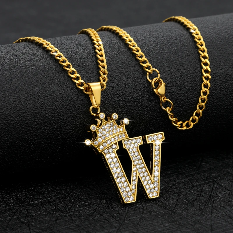 Zircon Crown Letter Pendant Necklace 