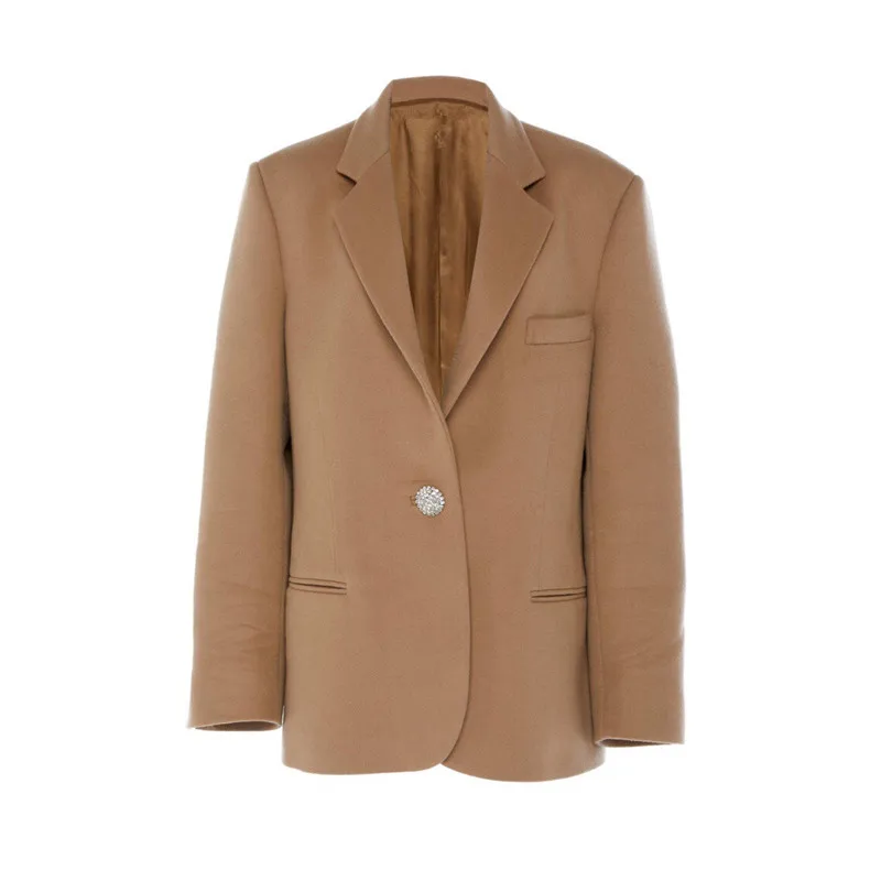 

【HSY】2019 Autumn Winter New Women Casual Woolen Suit Jacket Single Diamond Button Khaki Long Sleeve Lapel Wool Blazer Coat
