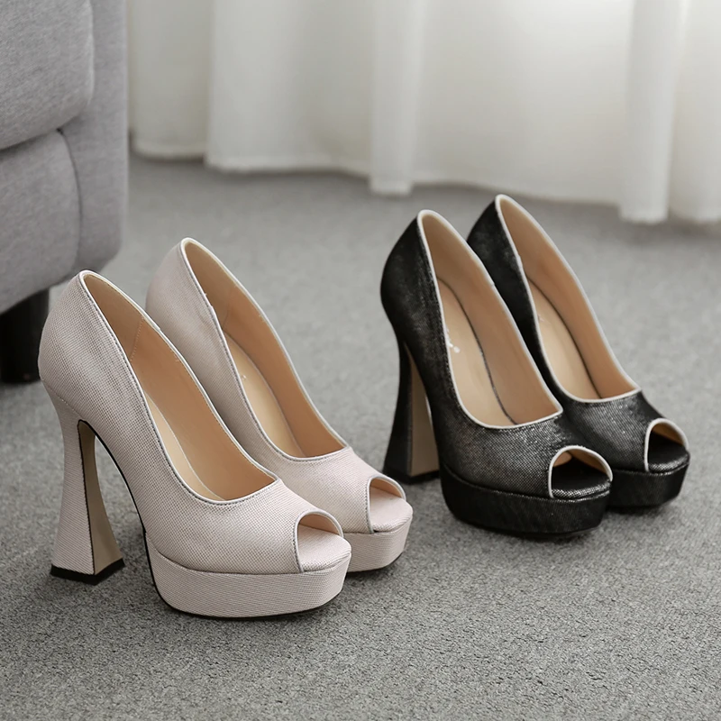 

Peep Toe Pumps Women Shallow Strange High Heels Shoes Casual Platform Slides Fashion Slip on Shoes Zapatos Mujer Black Beige
