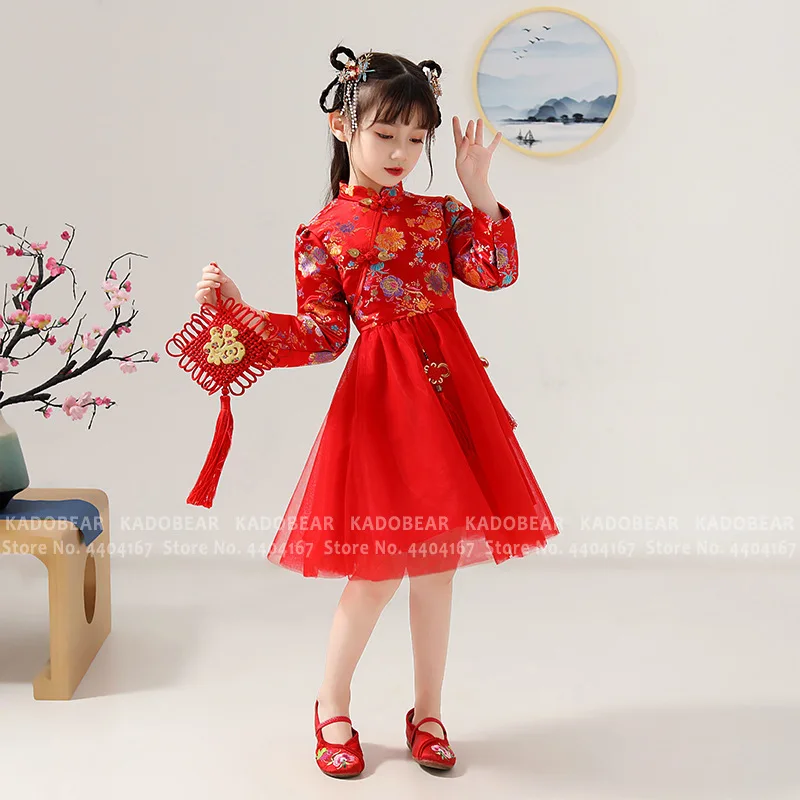 Традиционное китайское платье для маленьких девочек с вышивкой Hanfu Cheongsam; детское платье принцессы в стиле ретро Qipao; Детский новогодний праздничный костюм
