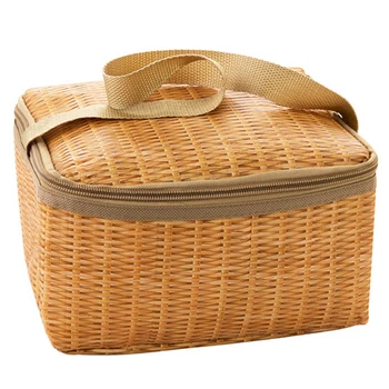 

School Imitited Rattan Print Picnic Outdoor Fruit Container Travel Camping Hiking Home Office Lunch Bag