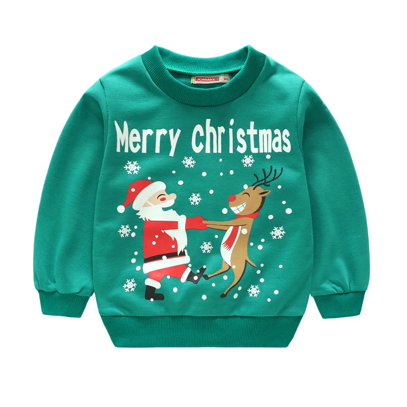 Рождественская футболка для маленьких девочек; свитер с принтом оленя и Санты на весну-осень; свитер с длинными рукавами; детская верхняя одежда для мальчиков; пуловер - Цвет: T0112-Green