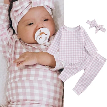 

Newborn Baby 3-piece Outfit Set Long Sleeve Plaid Romper+Pants+Headband Set for Kids Baby Clothes Set