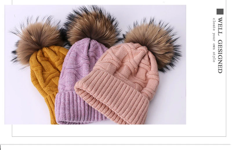 Зимняя шапка из натурального меха с помпонами и помпонами Skullies Beanies, шапка для женщин, уличная теплая Толстая шапка, женская вязаная шапка