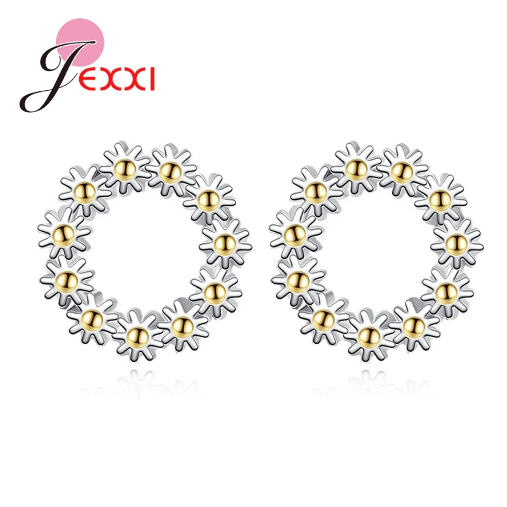 

New Arrival Women Round Circle Flower King Stud Earrings 925 Sterling Silver Shine Garland Small Earrings For Wedding Party