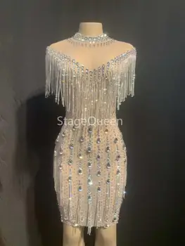 

Sparkly Stone Fringes Stretch Mesh Sexy Dress Women Birthday Party Celebrate Rhinestones Dress Nightclub Crystals DS DJ Costume