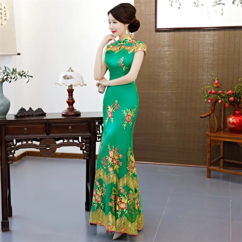 Вечерние Cheongsam Китайский традиционный стиль женское зеленое тонкое вечернее платье Qipao сексуальное Очаровательное платье ретро китайское платье