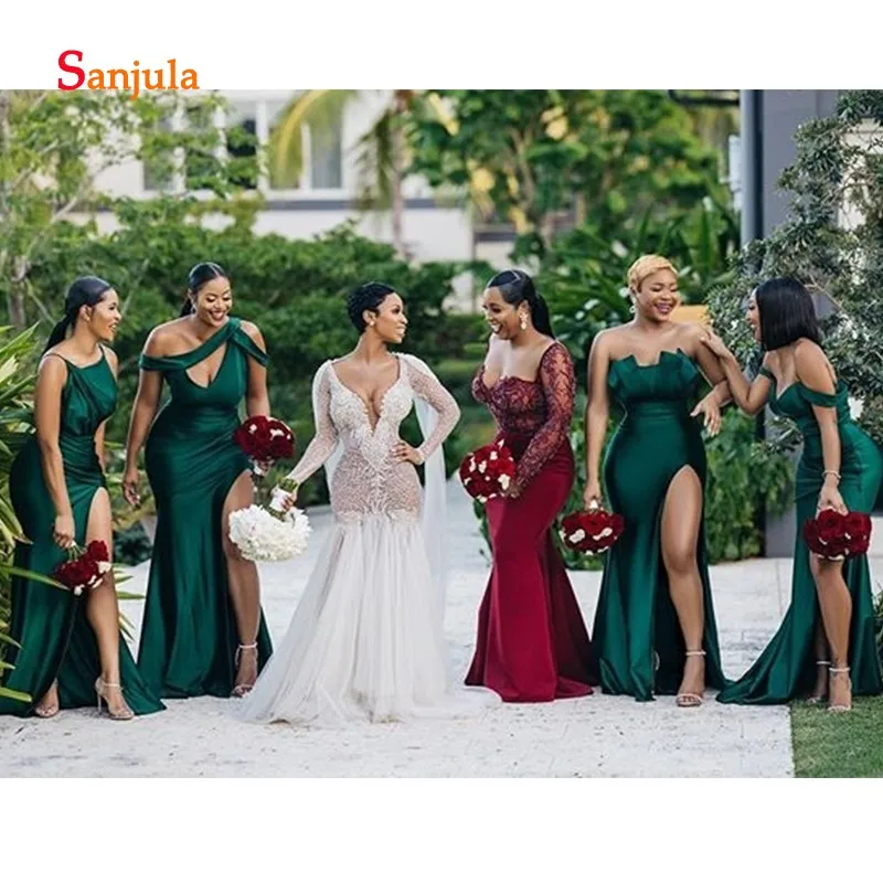 Sheath Dark Green Bridesmaid Dresses Long 4 Different Design Maid of Honor Dresses African Bridesmaid Party Gowns Leg Slit D1369