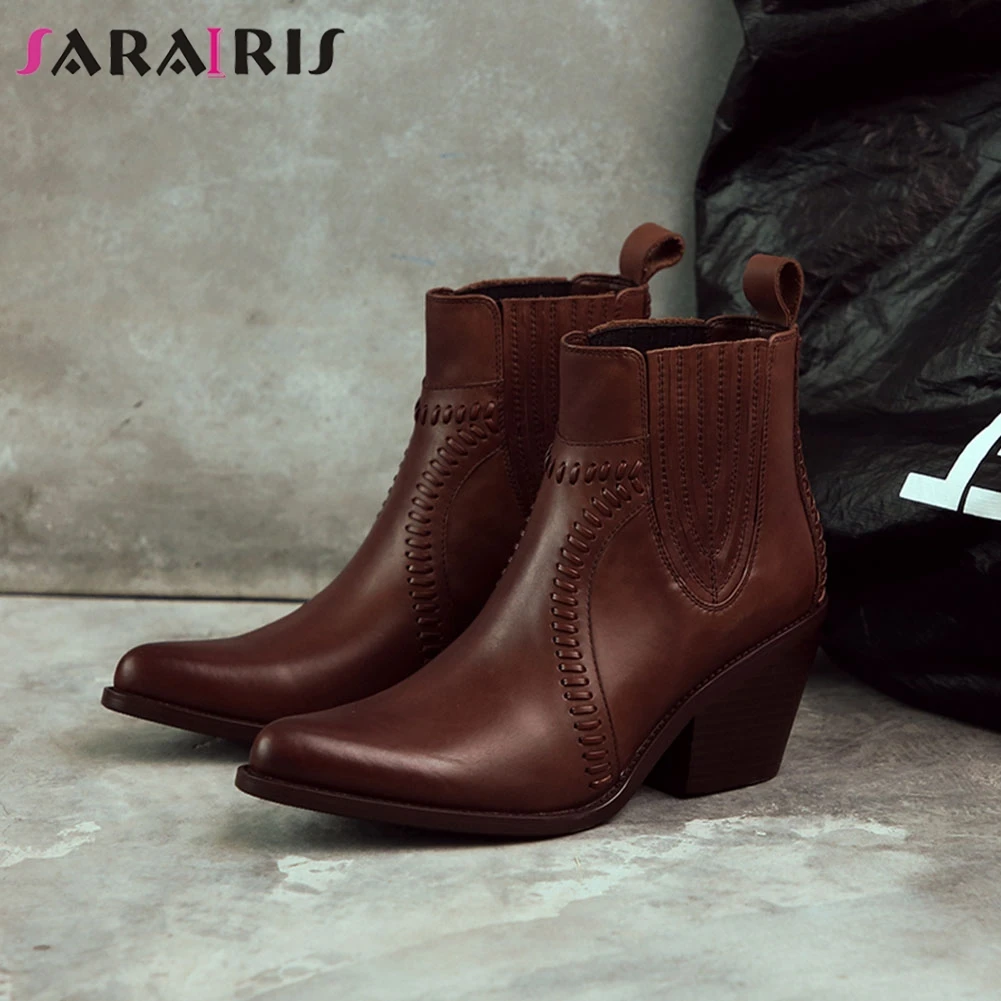 

SARAIRIS Retro Women Genuine Leather Chelsea Boots 2020 Block Heel Slip On Autumn Winter Shoes Woman Platform Girls Ankle Boots