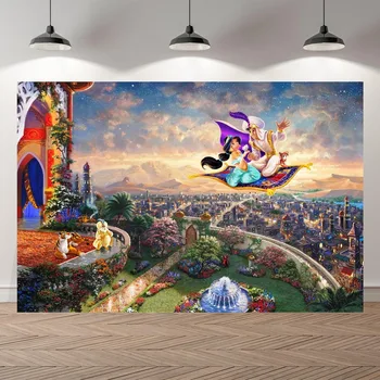 

Personalized Aladdin Princess Photo Backdrop For Photo Studio Pink Curtain Purple Turquoise Birthday Party Backgrounds