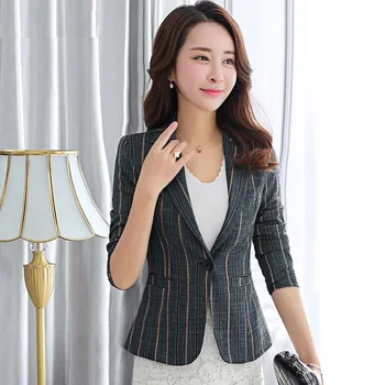 

Women blazers Female 2019 Runway Jacket Pockets Button Striped Coat Office Lady Elegant Plus Size Blazers For Women Formal S0284