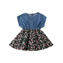 Детское платье для маленьких девочек, джинсовое кружевное платье трапециевидной формы с цветочным принтом, одежда, летний пляжный костюм