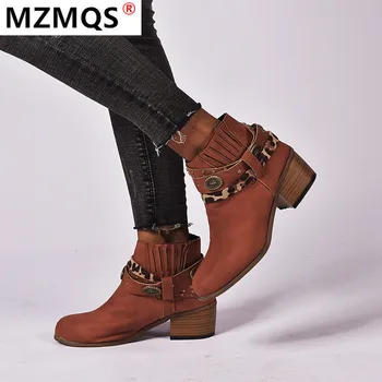 

2020 Autumn Women's Boots Fashion Shallow Mouth Thick-heel Low Boots Retro Round Mid-heel Casual Women's Boots Zapatos De Mujer