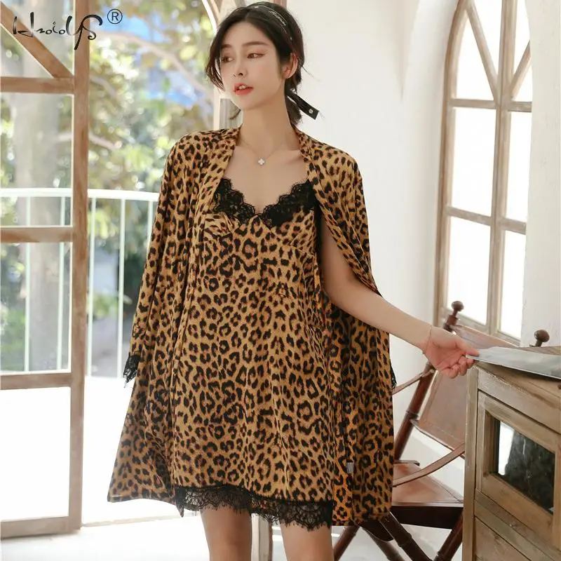 Women Sexy Silk Satin Sleep Lounge Robe Nightdress Sleepwear Leopard