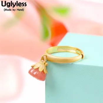 

Uglyless Oriental Aesthetics Natural Pumpkin Agate Lotus Rings for Women 925 Silver Dangle Charms Gemstones Rings Ethnic Jewelry