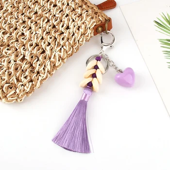 

Lovely Heart keychain Hand-woven shell with long Colorful Tassel alloy Key Chain For Women Girl Bag Keyring