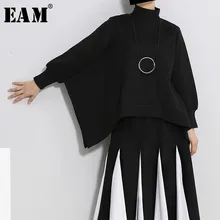 [EAM] Свободная черная Асимметричная толстовка с разрезом, новинка, высокий воротник, длинный рукав, женская мода, Осень-зима, WD0030