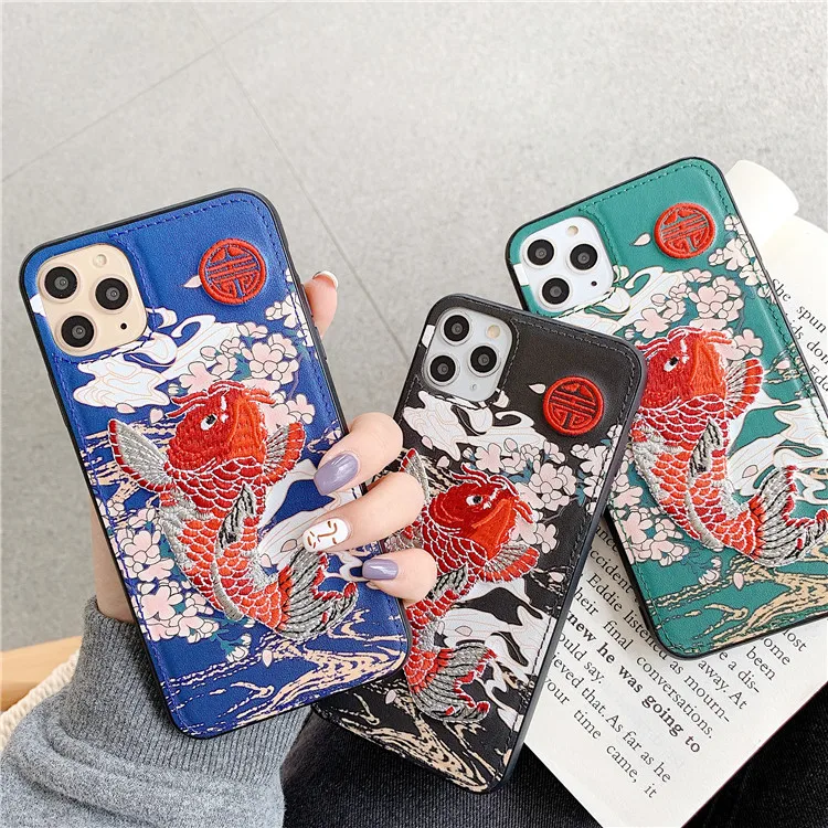 

Applicable iPhone 11pro MAX Phone Case Embroidered Koi XR Hide Substance Shatter-resistant Chinese-style 7plus Couples 8