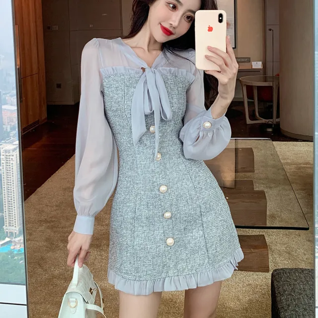 New Spring Vintage Sexy See-through Chiffon Patchwork Tweed Mini Dress Women Ribbon Bow Single-breasted Long Sleeve Party Dress 5