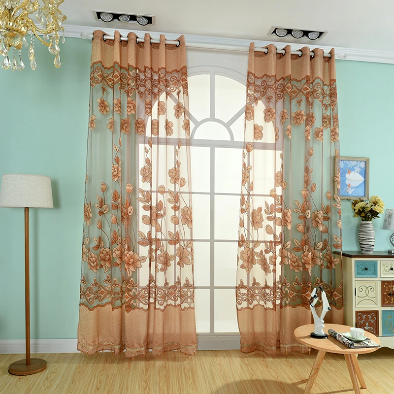 Coffee Color Curtain Burnout Curtains Grommet Top Process For Home Living Room/Hotel Decor Tulle Printed Flower Pattern Curtain