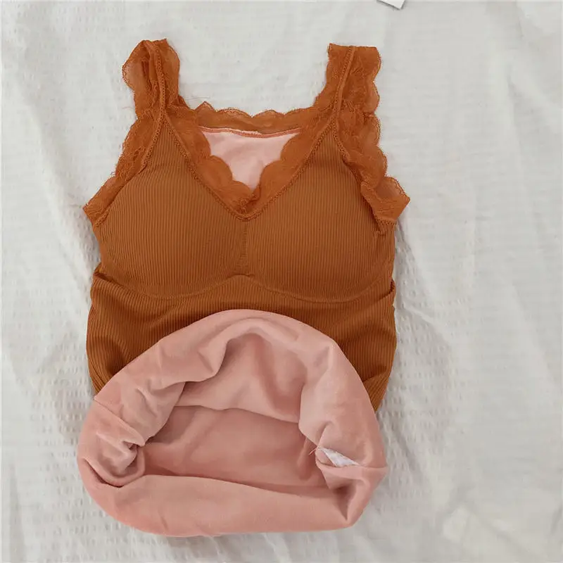 Orange Tops Осенне-зимний теплый женский топ без рукавов, облегающий сексуальный кружевной топ без рукавов, Женский бархатный топ, женский жилет, однотонный Q2125 - Цвет: Orange Tops
