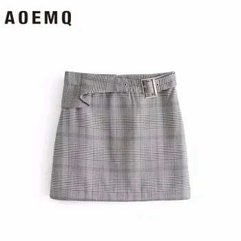 

AOEMQ England Gray Plaid Print Skirts Bar Club Dancer Hot Girl Skirts Women Buttoms High Waist with Belt Adjustable Skirts