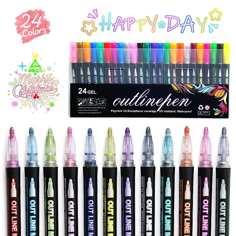 6pcs set of double line outline pen creative three dimensional two color neutral note note highlighter color hand account pen 12/24 Colors/lot Double-line Pen Color Hand Account Pen Dream Outline Pen Hand-painted Stationery Highlighter Marker Pen