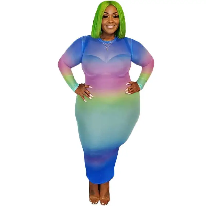 

XL-5XL Large Size Women Tie Dye Dress Fashion Sexy Bodycon Dress 2020 Spring Ladies Colorful Color Mesh Gradient Maxi Dresses