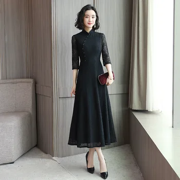 

Casual Lace Chinese Women Evening Party Dress Flower Black Elegant Slim Cheongsam Mandarin Collar Classic Rayon Qipao Vestidos