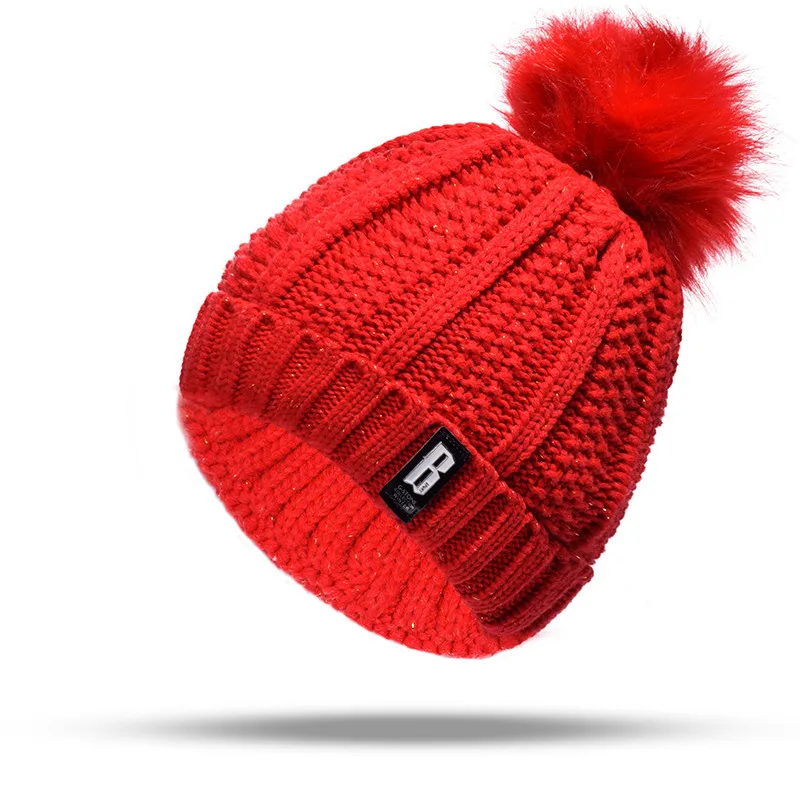 Red Hat Вязаная шапка, стиль, шерсть плюс бархатный шарф, комплект из двух предметов, толстые зимние шапки, регулируемые, с надписью, золотой, большой Hairball Dome - Цвет: Red Hat