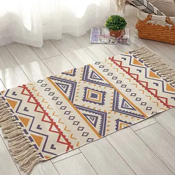 

Nordic Style Cotton Linen Hand Woven Rectangle Area Throw Rug Geometric Color Block Patterns Tassels Home Carpet Floor Door Mat