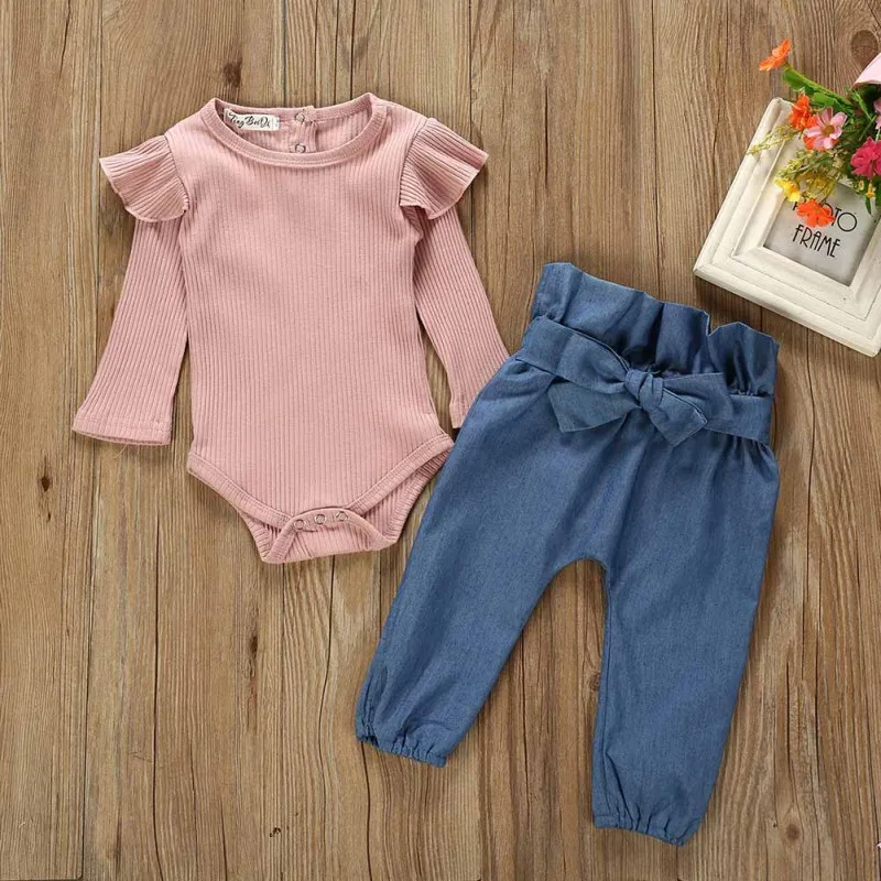 Новинка года, осенний комплект одежды для маленьких девочек, однотонный комбинезон с длинными рукавами для новорожденных, боди+ джинсовые штаны комплект из 2 предметов roupa infantil
